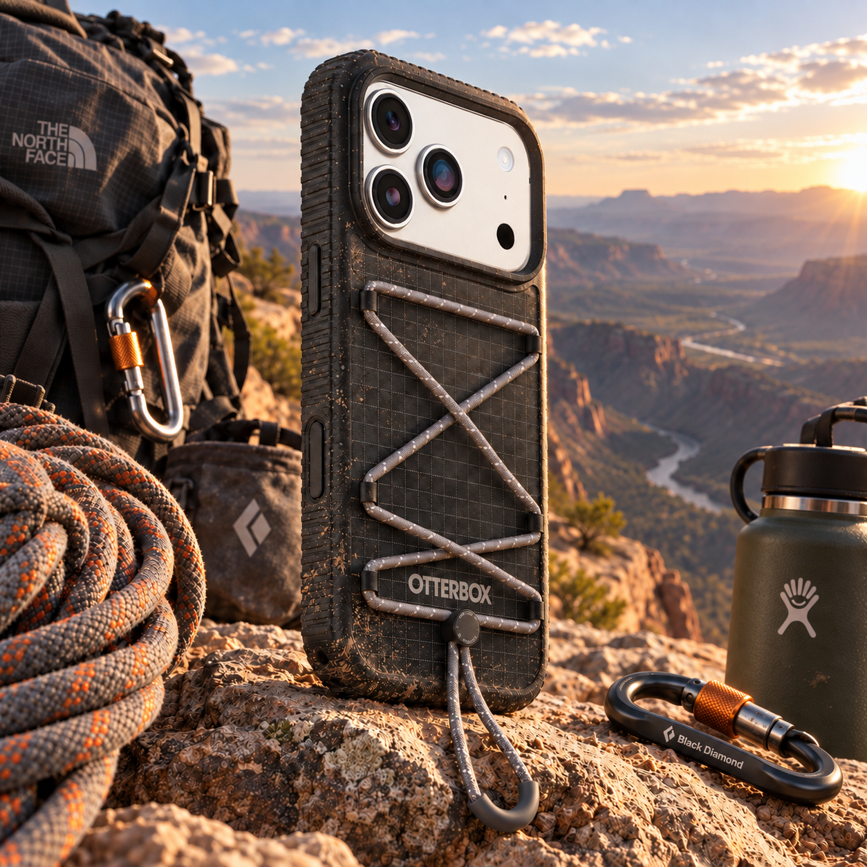 Rugged phone case composited into a canyon climbing environment