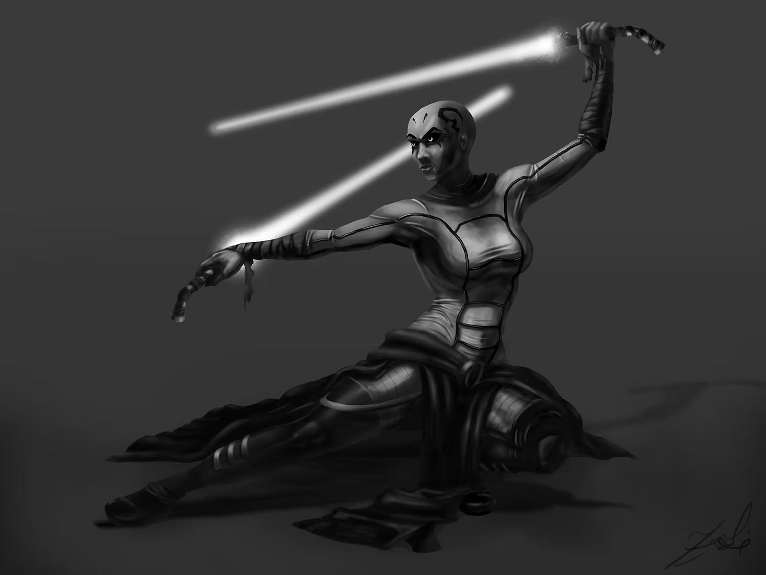 Grayscale dual-blade character illustration by Zock Zochert