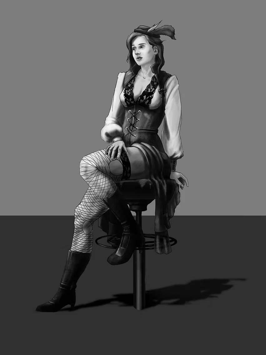 Grayscale illustration of a seated costumed character