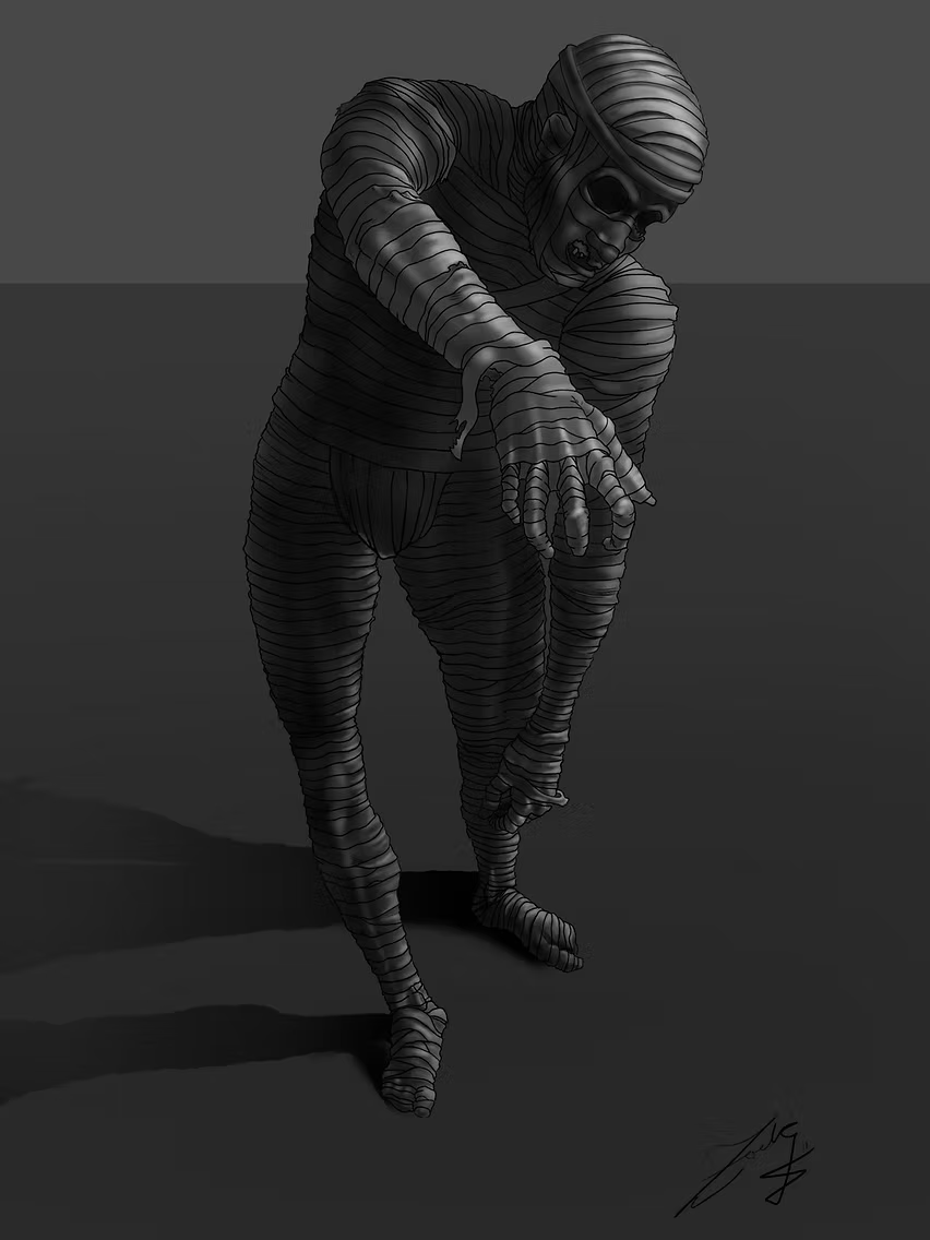 Grayscale anatomical creature study of a wrapped humanoid figure