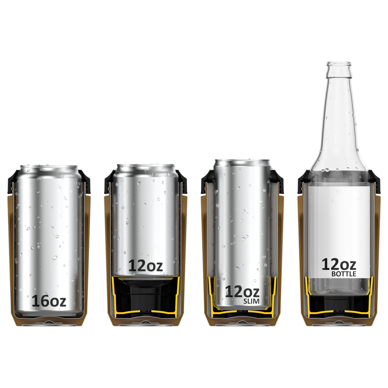 Cutaway rendering of four can cooler configurations