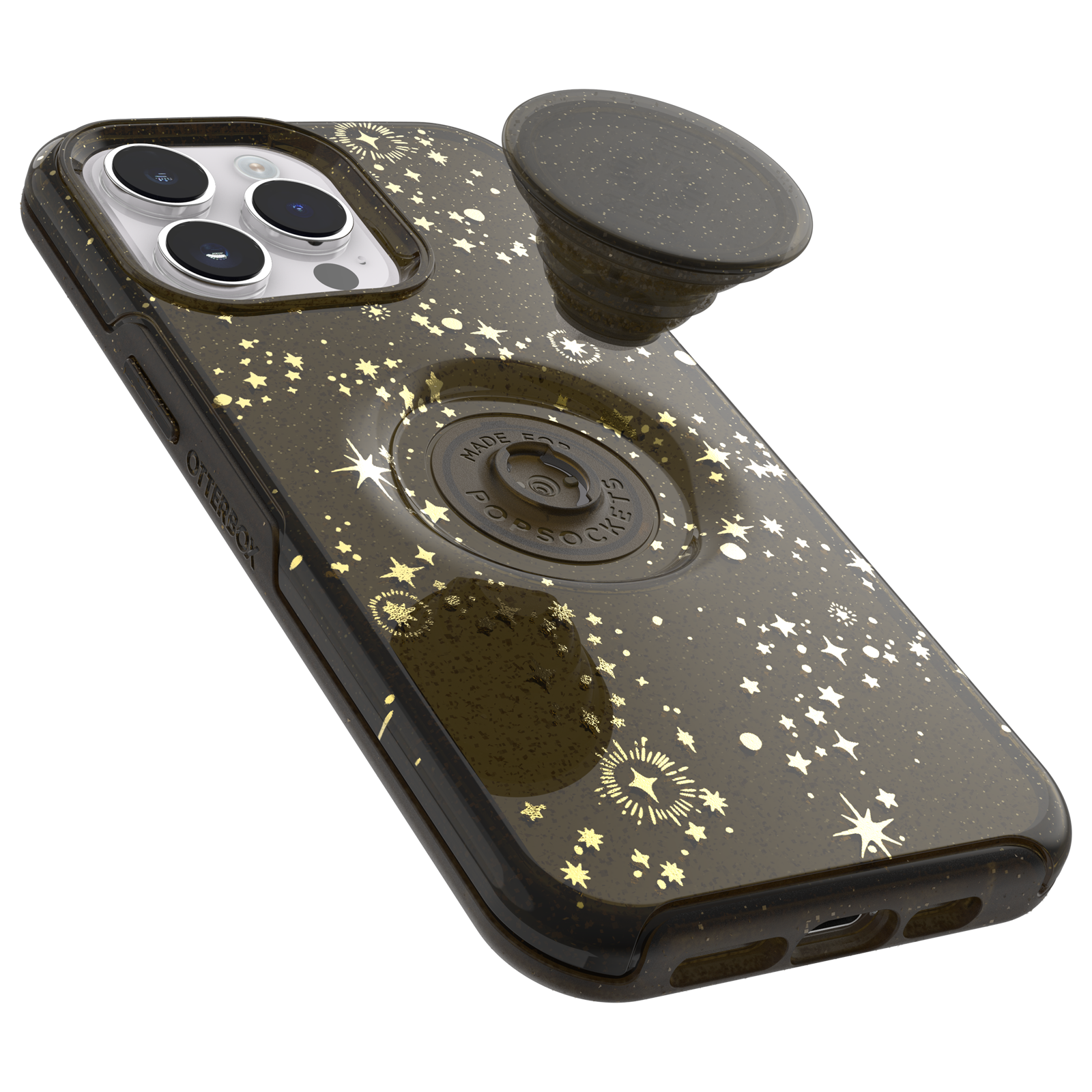 Black and gold OtterBox phone case with PopSocket